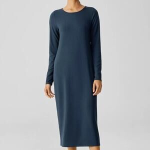 Eileen Fisher Midi Dress Womens PM Petite Blue Stretch Jersey Knit Jewel Neck